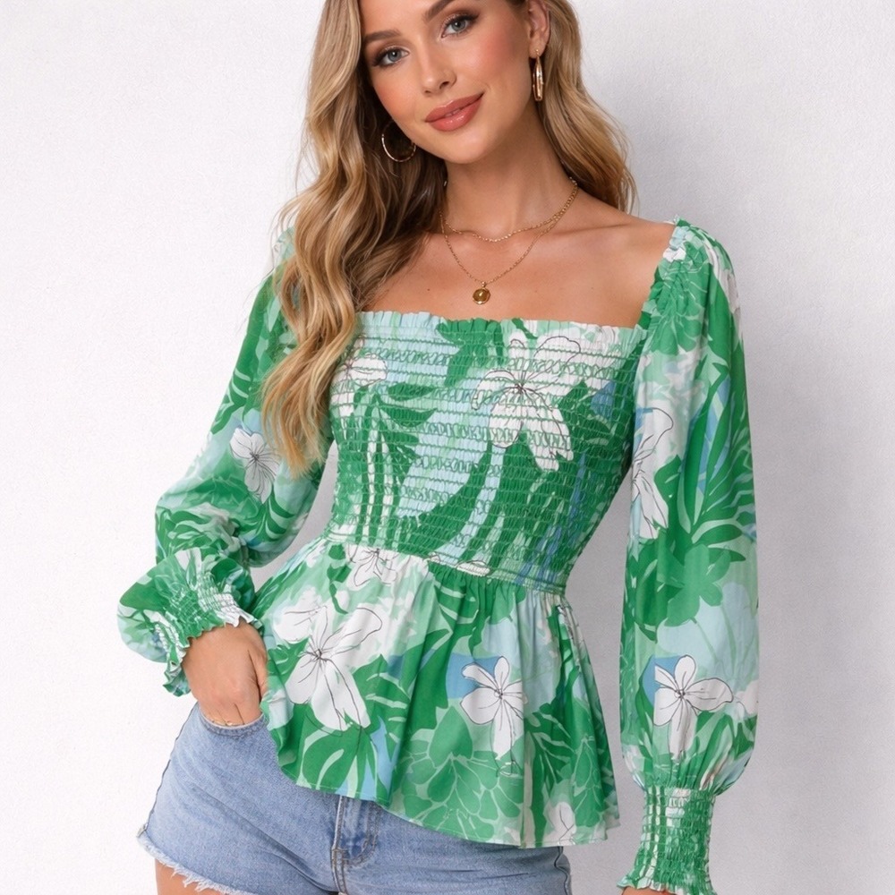 Boston Proper Top Small Green Floral Smocked Peplum Boho Blouse S Tropical